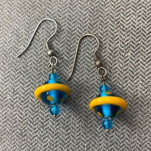 Blue yellow Saturn Lamp work Earrings dangle glass